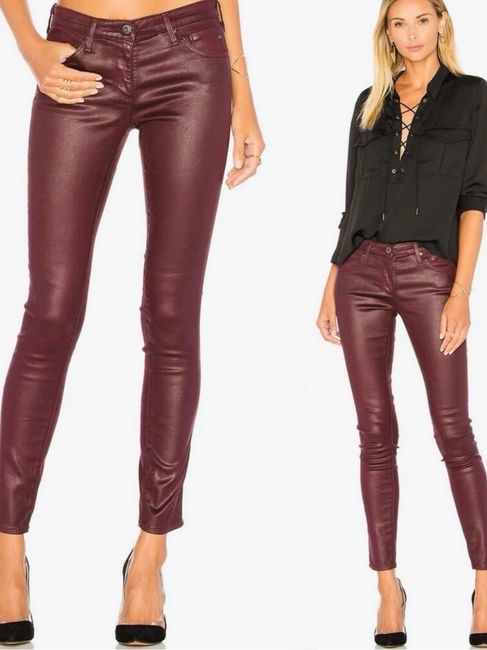 AG Adriano Goldschmied LEATHER The Leggings Super Skinny Jeans Burgundy Pants